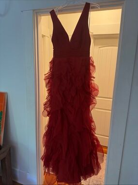 Burgundy Sleeveless V-Neck Ruffled Maxi Dress